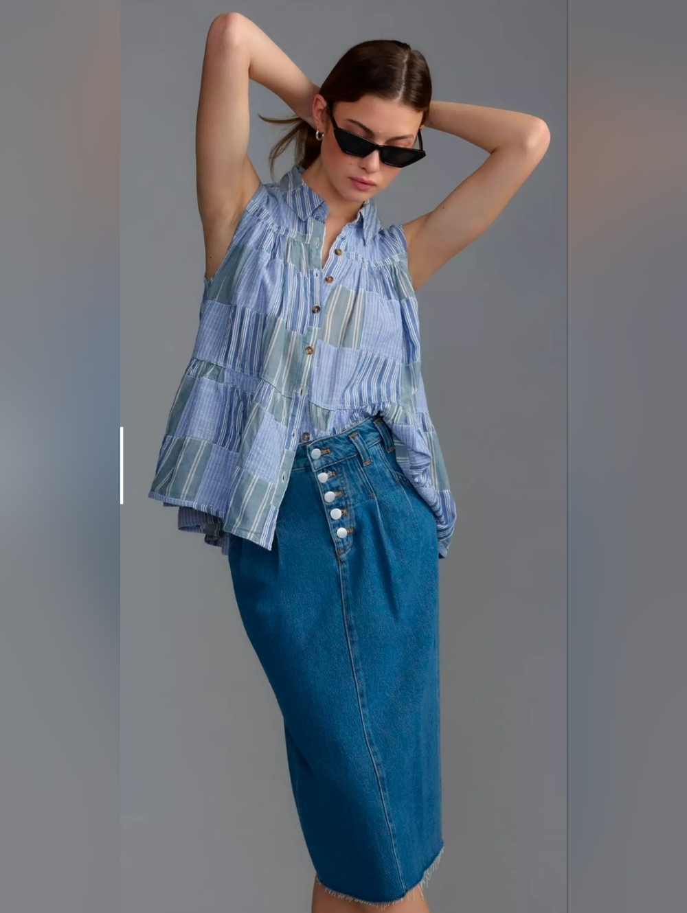 Pilcro by Anthropologie Tiered Sleeveless Blouse Size XS Blue Patchwork Striped